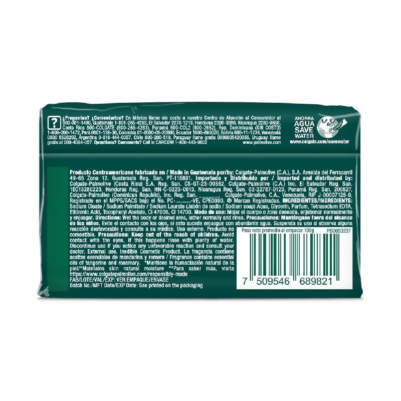 Reverso de etiqueta jabón en barra Palmolive Naturals Mandarina y Romero